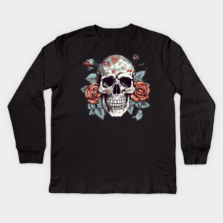 Skull floral Rose Vintage Day of the Dead Kids Long Sleeve T-Shirt