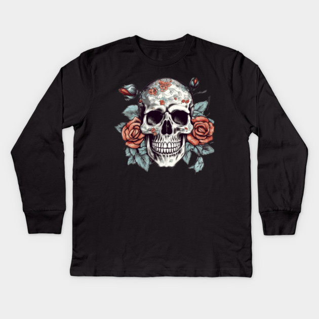 Skull floral Rose Vintage Day of the Dead Kids Long Sleeve T-Shirt by logiamerch