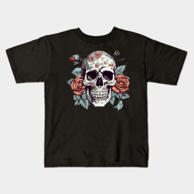Skull floral Rose Vintage Day of the Dead Kids T-Shirt by logiamerch
