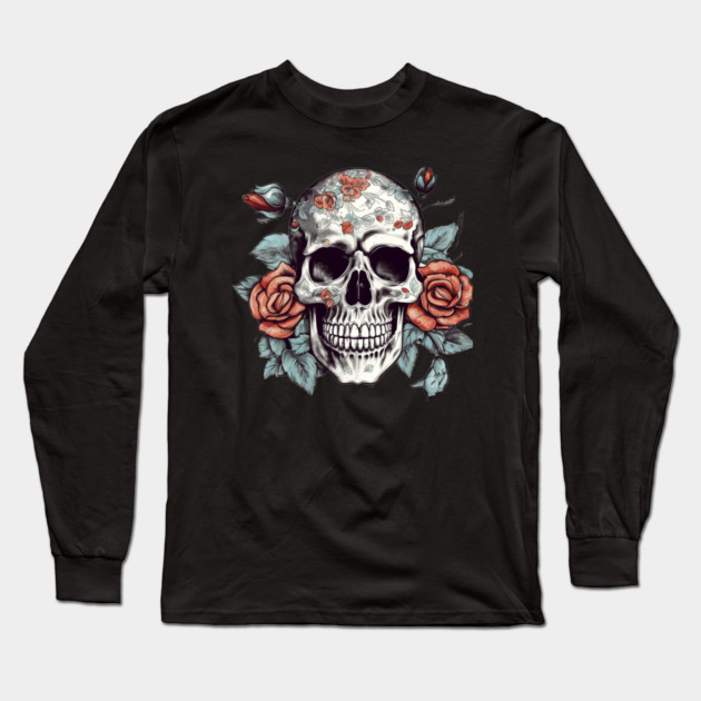 Skull floral Rose Vintage Day of the Dead Long Sleeve T-Shirt by logiamerch