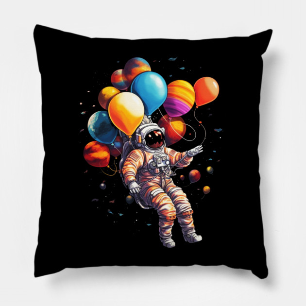 Astronaut Floating with Planets as Ballons Colorful Pillow by logiamerch