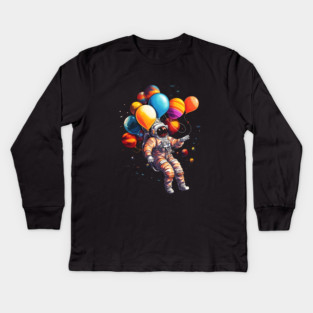 Astronaut Floating with Planets as Ballons Colorful Kids Long Sleeve T-Shirt