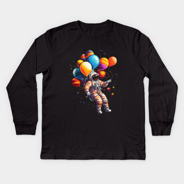 Astronaut Floating with Planets as Ballons Colorful Kids Long Sleeve T-Shirt by logiamerch