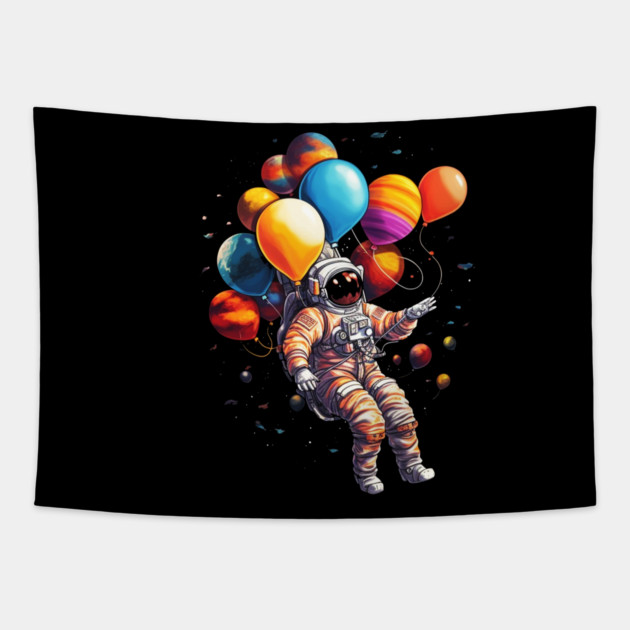 Astronaut Floating with Planets as Ballons Colorful Tapestry by logiamerch