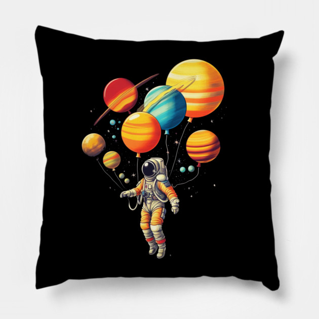 Astronaut Floating with Planets as Balloons Colourfu Pillow by logiamerch