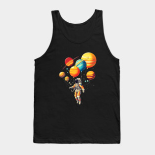 Astronaut Floating with Planets as Balloons Colourfu Tank Top