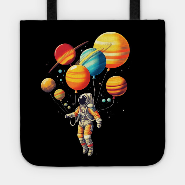 Astronaut Floating with Planets as Balloons Colourfu Tote by logiamerch