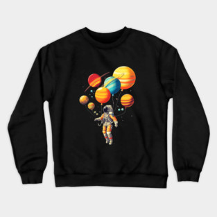 Astronaut Floating with Planets as Balloons Colourfu Crewneck Sweatshirt