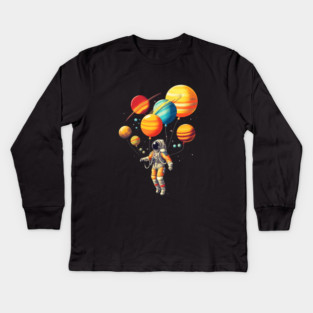 Astronaut Floating with Planets as Balloons Colourfu Kids Long Sleeve T-Shirt
