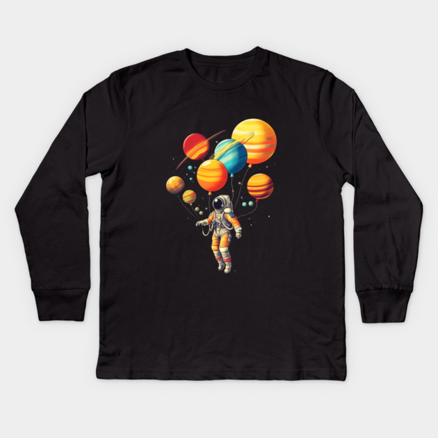 Astronaut Floating with Planets as Balloons Colourfu Kids Long Sleeve T-Shirt by logiamerch