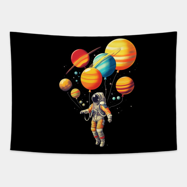 Astronaut Floating with Planets as Balloons Colourfu Tapestry by logiamerch