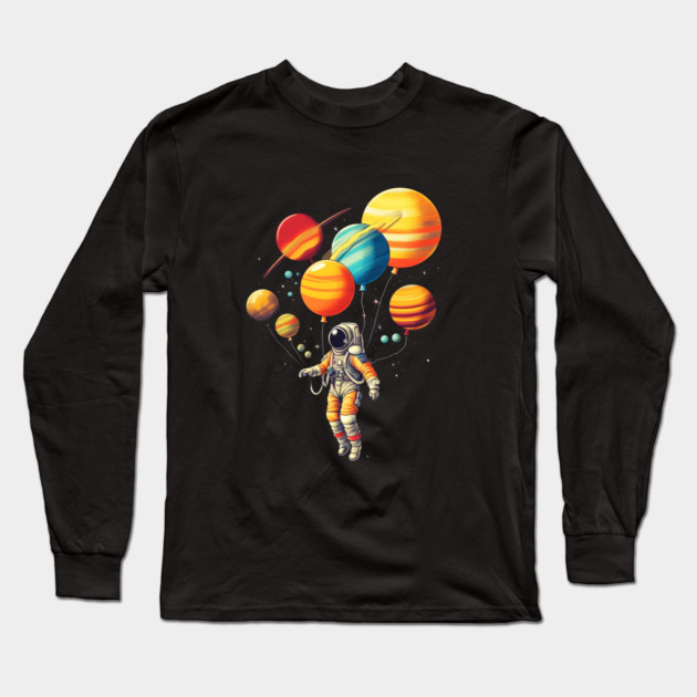 Astronaut Floating with Planets as Balloons Colourfu Long Sleeve T-Shirt by logiamerch