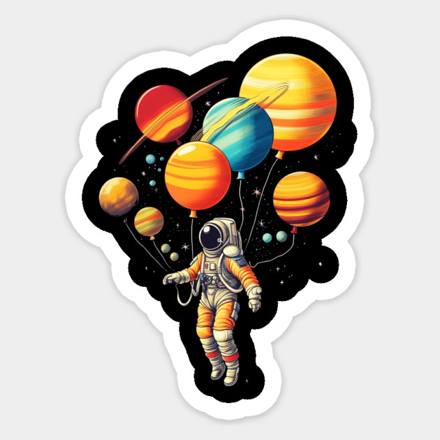 Astronaut Floating with Planets as Balloons Colourfu Sticker by logiamerch