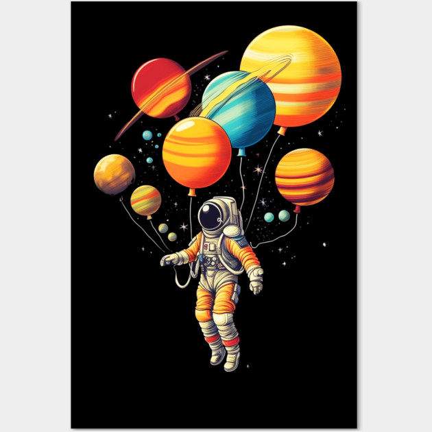 Astronaut Floating with Planets as Balloons Colourfu Wall Art by logiamerch