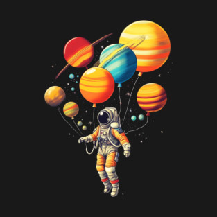 Astronaut Floating with Planets as Balloons Colourfu T-Shirt
