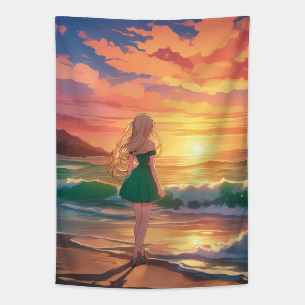 Adventure Sea Sunset Tapestry by animegirlnft