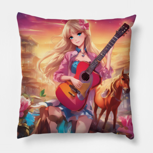 Guitar Cowboy Horse Pillow by animegirlnft