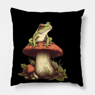 Green Frog sitting on mashroom, Cottagecore Pillow