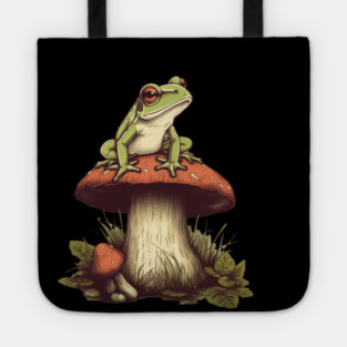 Green Frog sitting on mashroom, Cottagecore Tote