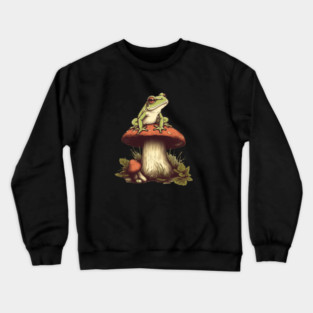 Green Frog sitting on mashroom, Cottagecore Crewneck Sweatshirt