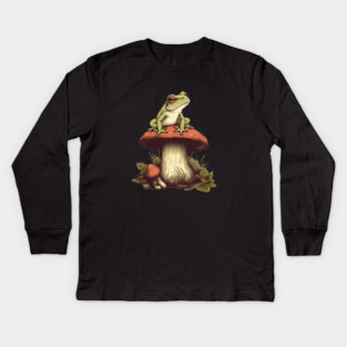 Green Frog sitting on mashroom, Cottagecore Kids Long Sleeve T-Shirt
