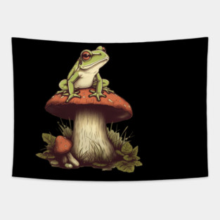 Green Frog sitting on mashroom, Cottagecore Tapestry