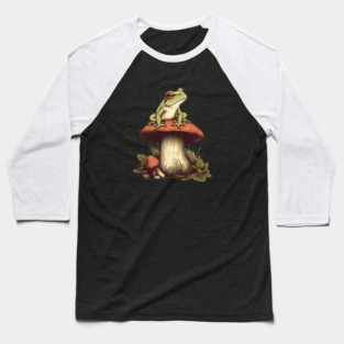 Green Frog sitting on mashroom, Cottagecore Baseball T-Shirt