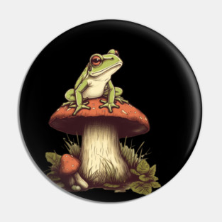 Green Frog sitting on mashroom, Cottagecore Pin