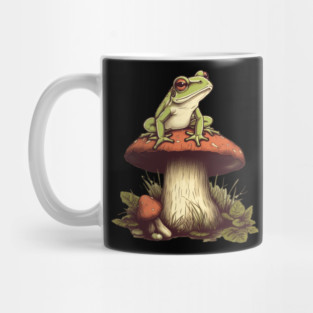 Green Frog sitting on mashroom, Cottagecore Mug