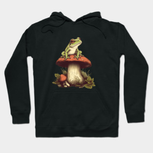 Green Frog sitting on mashroom, Cottagecore Hoodie