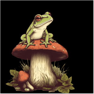 Green Frog sitting on mashroom, Cottagecore Posters and Art