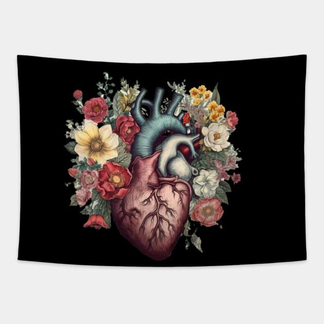 Floral Covered, Human Heart, Love Flowers Tapestry by logiamerch