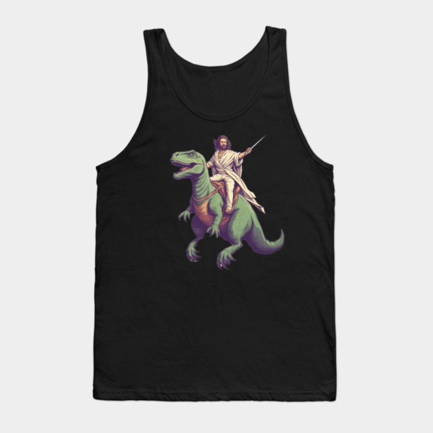 Jesus riding t rex, Funny Christian Design Tank Top by logiamerch
