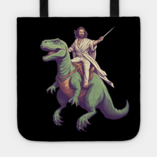 Jesus riding t rex, Funny Christian Design Tote