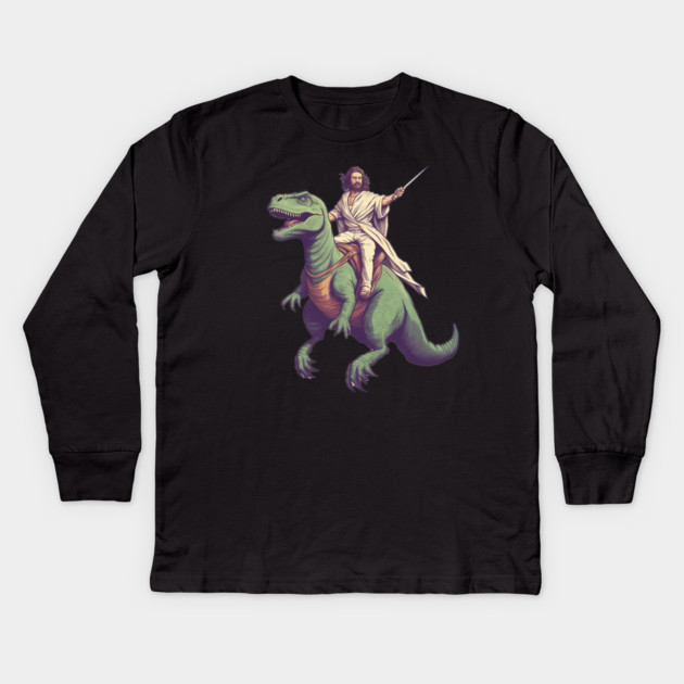 Jesus riding t rex, Funny Christian Design Kids Long Sleeve T-Shirt by logiamerch