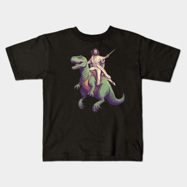 Jesus riding t rex, Funny Christian Design Kids T-Shirt by logiamerch