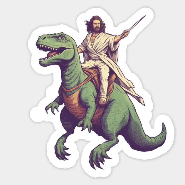 Jesus riding t rex, Funny Christian Design Sticker by logiamerch