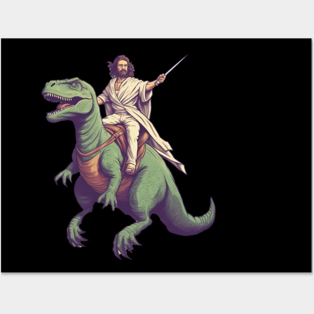 Jesus riding t rex, Funny Christian Design Wall Art by logiamerch