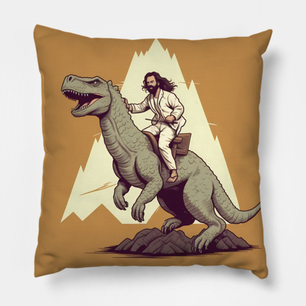 Jesus riding t rex, Funny Christian Design Pillow by logiamerch