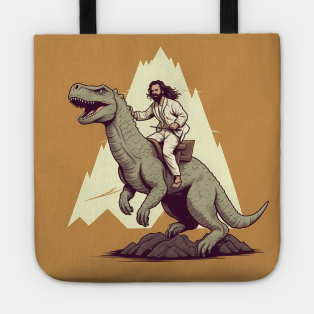 Jesus riding t rex, Funny Christian Design Tote by logiamerch