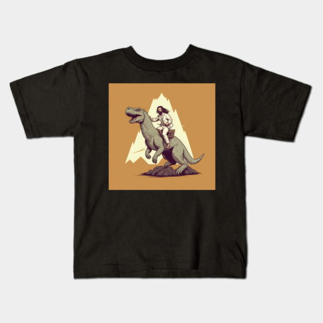 Jesus riding t rex, Funny Christian Design Kids T-Shirt by logiamerch