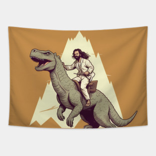 Jesus riding t rex, Funny Christian Design Tapestry