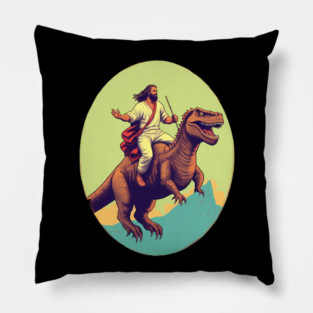 Jesus riding t rex, Funny Christian Design Pillow