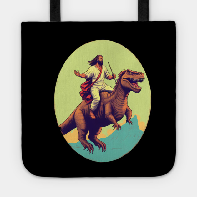 Jesus riding t rex, Funny Christian Design Tote by logiamerch