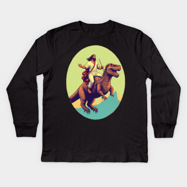 Jesus riding t rex, Funny Christian Design Kids Long Sleeve T-Shirt by logiamerch
