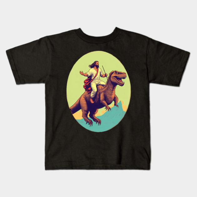 Jesus riding t rex, Funny Christian Design Kids T-Shirt by logiamerch
