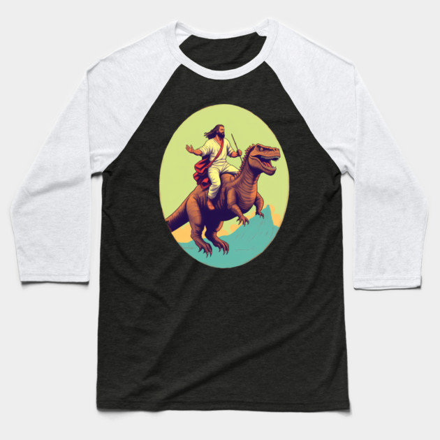 Jesus riding t rex, Funny Christian Design Baseball T-Shirt by logiamerch