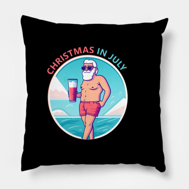 Xmas in July, Funny Santa Tropical Christmas Pillow by logiamerch