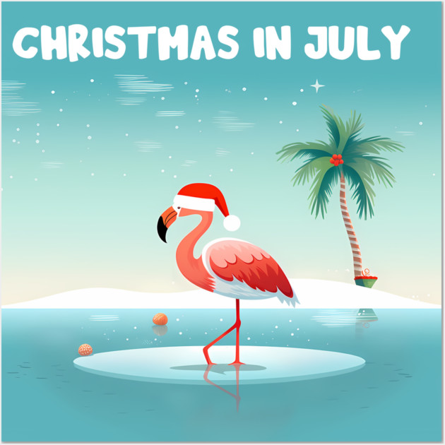 Xmas in July, Funny Flamingo Santa Tropical Christmas Wall Art by logiamerch