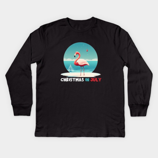Xmas in July, Funny Flamingo Santa Tropical Christmas Kids Long Sleeve T-Shirt by logiamerch